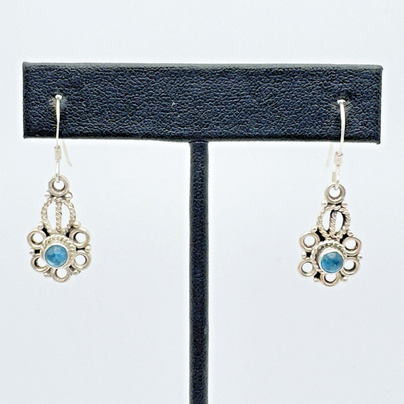 Sterling Silver Blue Glass Earrings Filigree Lightweight 1.25" - Picture 2 of 7